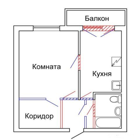 Синим цветом на плане показаны вновь возводимые перегородки, а красным те, что подлежат демонтажу