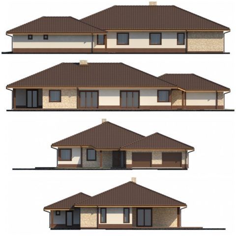 Фасады одноэтажного дома на четыре спальни с гаражом для двух авто