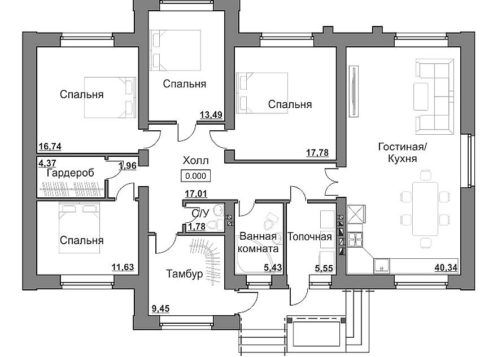 Одноэтажный дом с 4 спальнями проект